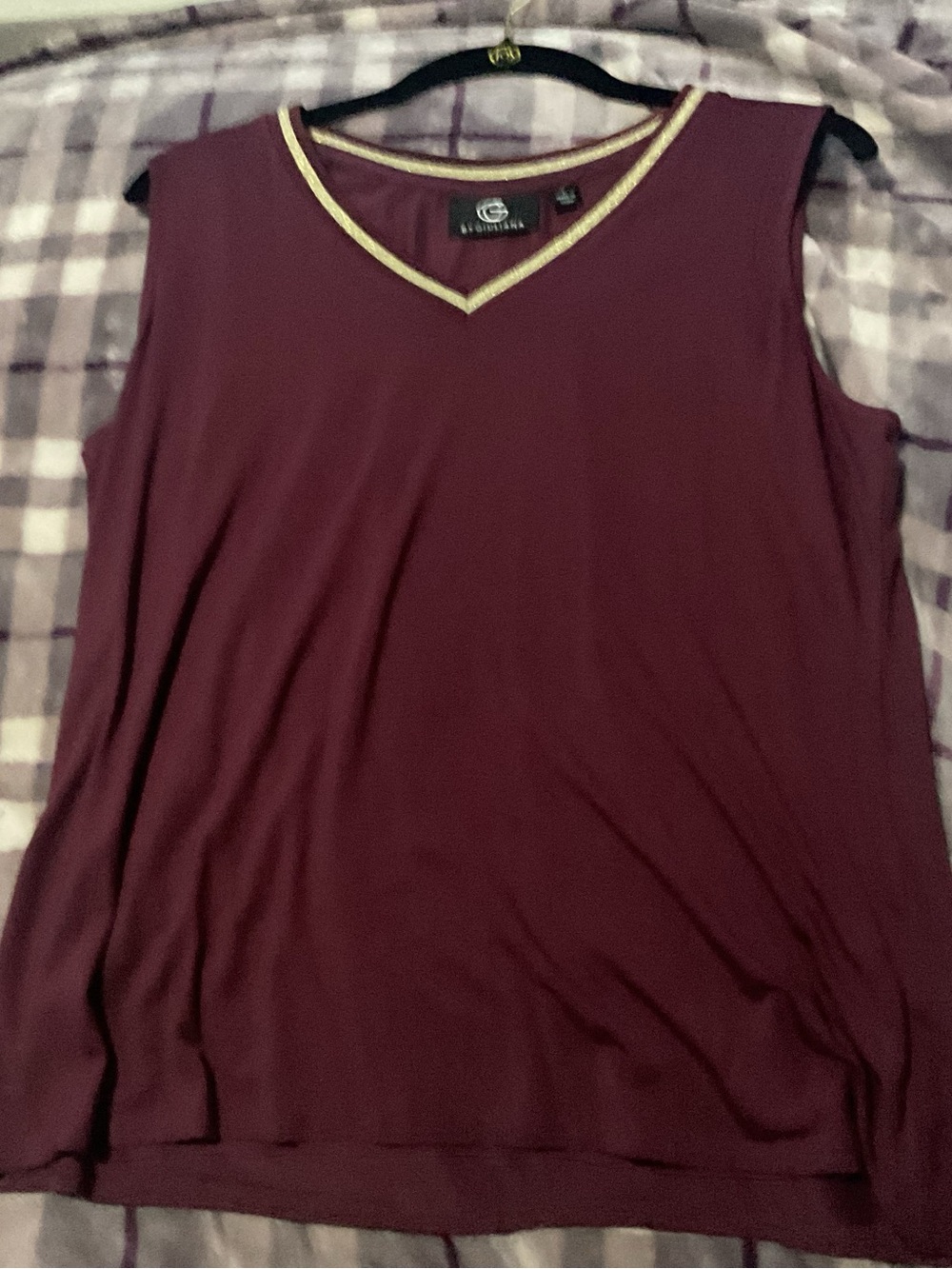 G by Giuliana Sleeveless V-Neck Tank in Wine with Gold Trim